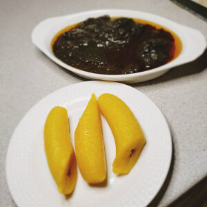 Mbongo Chobi/black Stew and boiled plantains